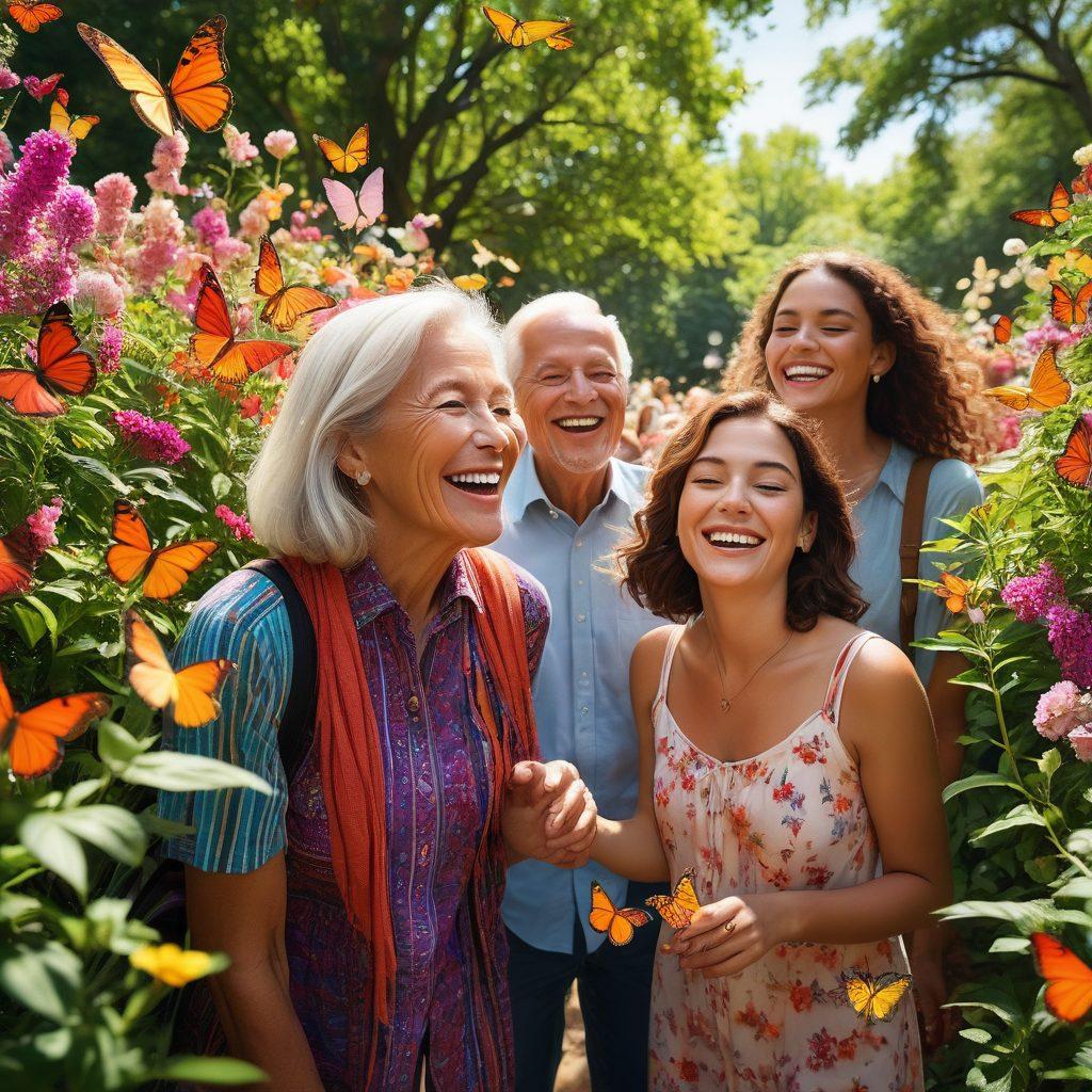 A heartwarming scene depicting a diverse group of people coming together in a lively outdoor setting, sharing laughter and support. Incorporate elements of nature like blooming flowers and gentle sunshine to symbolize growth and connection. Show expressions of joy and solidarity among individuals of various ages and backgrounds. Include visual metaphors of mood transformation, like butterflies emerging from cocoons. vibrant colors. super-realistic.