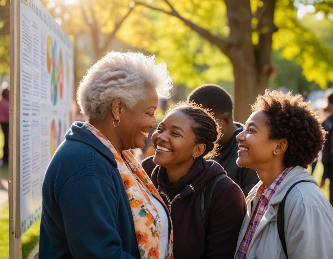 A diverse group of people embracing each other in a warm, sunny park, symbolizing support and connection. Include elements like a community board with mental health resources and flowers representing growth and healing. Emphasize facial expressions of joy and empathy among individuals, showcasing the importance of community in mental well-being. colorful and vibrant, soft focus background.